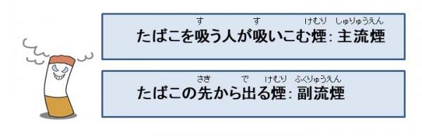 たばこを吸う人が吸い込む煙を主流煙、たばこの先から出る煙を副流煙と言います。