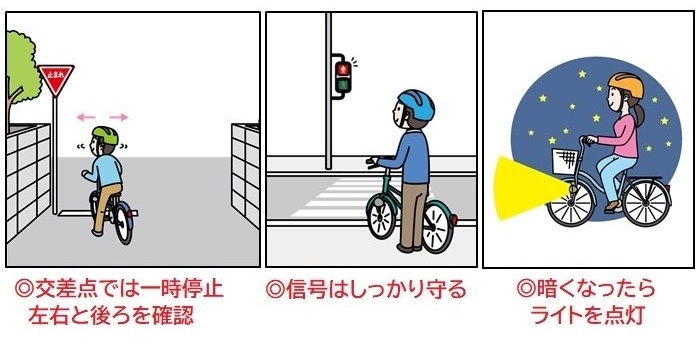 交差点では一時停止し、左右と後ろを確認します。信号はしっかり守りましょう。暗くなったらライトを点灯しましょう。