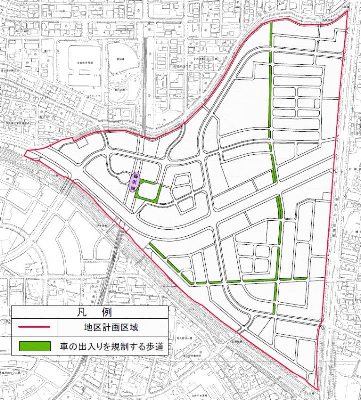 地図：地区計画区域内の車の出入りを規制する歩道