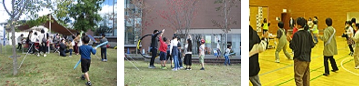 これらは活動の様子の写真です。中庭にて「ジュニアリーダーと遊ぼう」の企画や、体育館でのジュニアリーダー研修会の様子です。