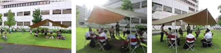 これらは活動の様子の写真です。中庭の芝生の上にタープとイスを置き、ジュニアリーダーの企画で使用したり、会議をしたりしています。