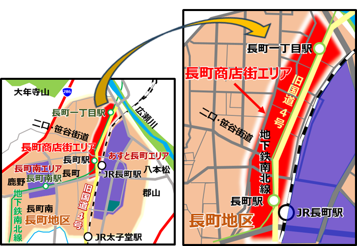 旧国道4号沿道を中心とする長町商店街エリアを示した地図