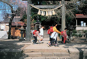 参道を通って通学する子供たちの写真