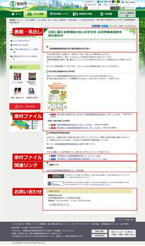 表題・見出し、添付ファイル、関連リンク、お問い合わせの入ったページの表示位置イメージ