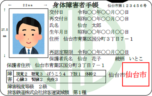 カード型の身体障害者手帳の表面見本の画像