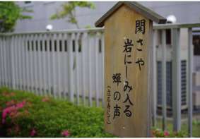 仙台堀川沿いの遊歩道にある松尾芭蕉が「奥の細道」で詠んだ18句の句碑