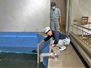 水位を測る飼育員ベロが入る前の水位を測る